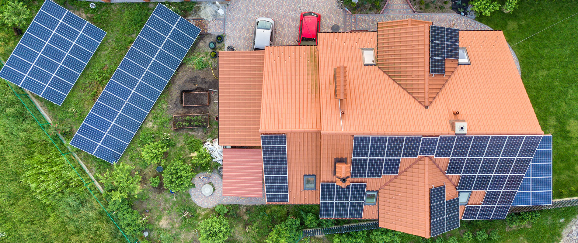 Off grid solar system and solar panels on the roof.